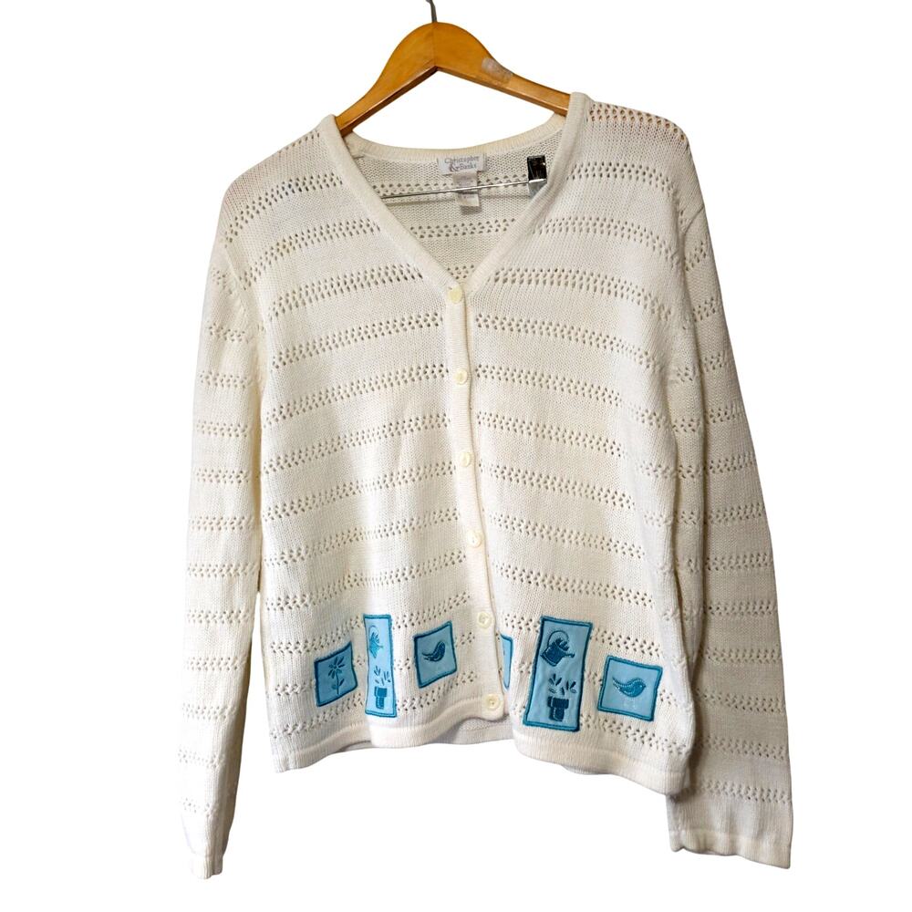 Christopher & Banks Sweater Size XL White Blue Embroidery Granny Core